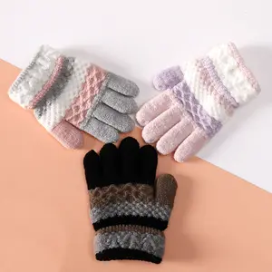 Sarung tangan rajut hangat anak-anak, sarung tangan rajut jari penuh bergaris musim dingin lucu untuk anak laki-laki dan perempuan umur 3-8 tahun