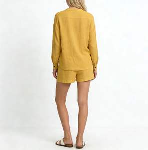 ALBBIA016 Ladies Two-Piece Outfit 100% Pure <b>Linen</b> Casual Solid Above Knee Long Sleeve Blouse & Drawstring Shorts - Product Image 2