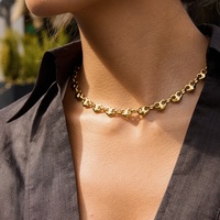 Collier Boucles d'Oreilles Étanche en Acier Inoxydable Plaqué Or 18K Bracelet Chaîne à Maillons Nez Coeur Cochon