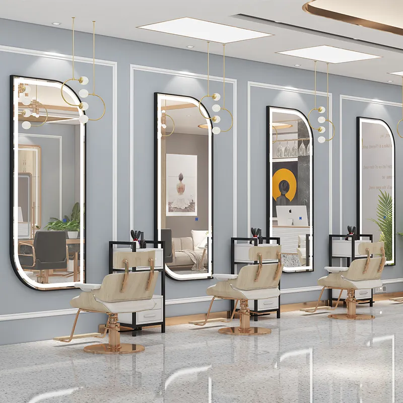 שיער זהב סלון אורך כפול קיר תחנת led מראה עיצובים עם led אורות