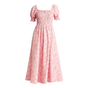 <span class=keywords><strong>Robe</strong></span> midi personnalisée pour <span class=keywords><strong>femme</strong></span>, rose poudré, à motifs floraux, col carré, manches courtes bouffantes à volants, corsage smocké et froncé, fabrication OEM - Product Image 1