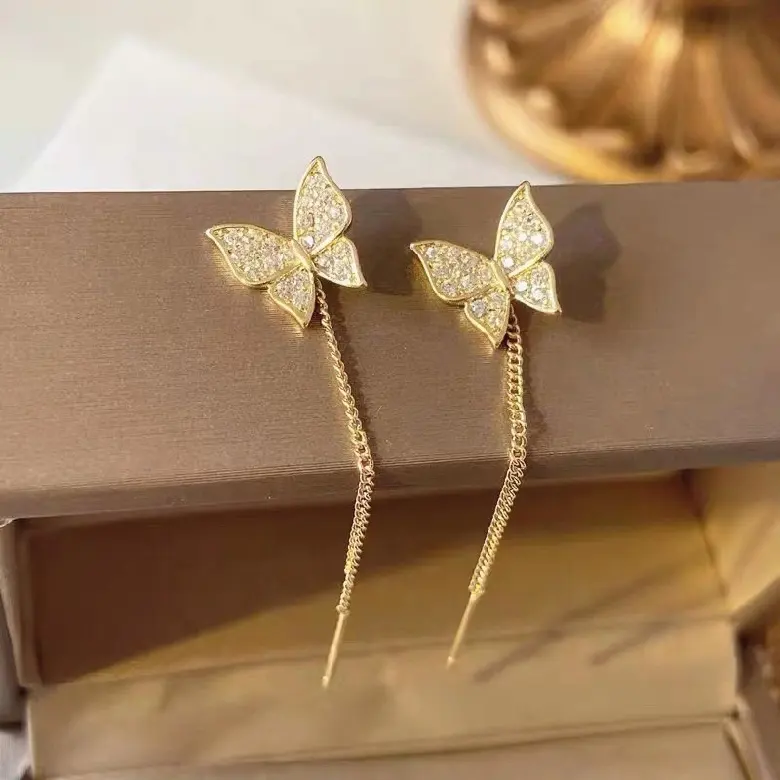 2022 Koreanische Luxus niedlichen Schmetterling Strass langkettige Quaste Ohr Draht Ohr stecker Ohrring für Frauen Mädchen Modeschmuck