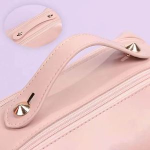 Muestra gratuita de bolsa de maquillaje personalizada de cuero PU, bolsa de cosméticos con compartimentos, impermeable, para viaje, neceser. - Product Image 4