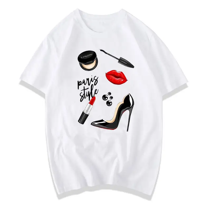 UP-New Custom Fashion Perfume Prints t-shirt Oversized tshirts Make Up High Heel Lipstick 100% cotton Women tshirt 2020