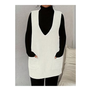 <b>Women's</b> Deep V-Neck Pocketed Knit <b>Sweater</b> <b>Vest</b> S M XL 85 Cm Length - Product Image 2