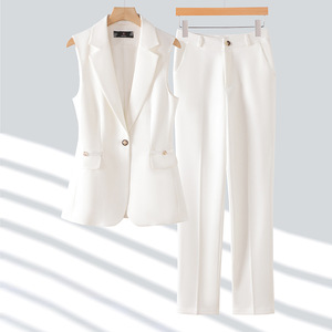 Women's Pink Suit <b>Set</b> Sleeveless <b>Blazer</b> Pants Solid Color Polyester Anti-Wrinkle Professional Workwear - Product Image 2