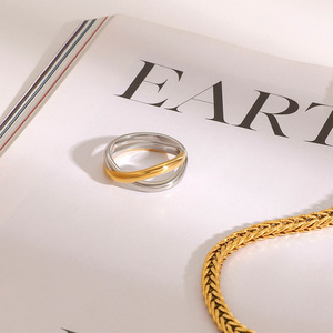 Geometric Stainless Steel <b>Ring</b> 18K Gold <b>Silver</b> Color Blocking Double Band Unisex Fashion Jewelry Gift - Product Image 3