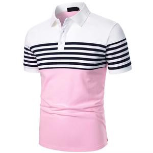 Polo de Manga Corta para Hombre, Diseño de Bloques de Color, Patrón a Rayas, Corte Regular, Tejido Informal, Rosa, Blanco, Azul Marino - Product Image 2