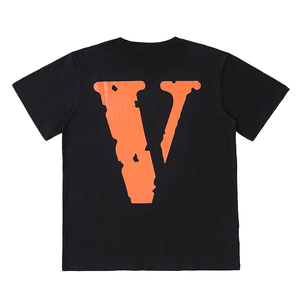 Camiseta Negra de Manga Corta para Hombre con Estampado de Logotipo V Naranja en la Espalda, Corte Regular Informal, Cuello Redondo, Algodón Jersey - Product Image 1