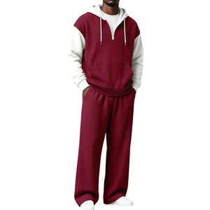 Conjunto de Sudadera con Capucha de Punto Waffle para Hombre, Sudadera con Cierre de Cremallera en Bloques de Color y Pantalones Anchos, Ropa Casual de Invierno - Product Image 1