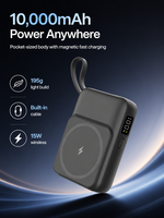 Batterie externe 10000mAh avec câble Type-C intégré, charge magnétique sans fil 22W PD et 15W, 4 ports USB-C/A, écran LED, OEM