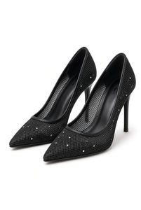Escarpins en textile bleu sarcelle à bout pointu avec strass, talon à enfiler, chaussures de cérémonie toutes saisons - Product Image 4