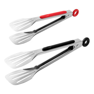 Stainless Steel Food Tongs With Slotted Spatula Ends Red And Black 2 Pieces For Grilling Barbecue Cooking Outdoor Use - Product Image 1