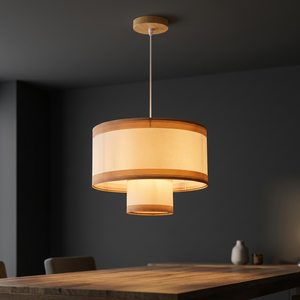 Suspension en bois avec abat-jour rond en forme de tambour, LED E27 2700K, blanc chaud doux, à fixation au plafond pour salle à manger - Product Image 1