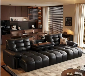 Sofá Seccional Moderno en Forma de L de Cuero PU Negro con Diseño Acolchado y Patas de Metal para Sala de Estar - Product Image 2