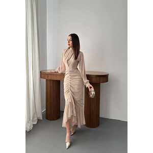 Robe de soirée en mousseline beige avec fronces sur le devant – Vente en gros - Product Image 4