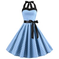 Gaun Halter Polkadot Retro 2026 Gaya Elegan Vintage Midi Bahan Sifon untuk Musim Panas