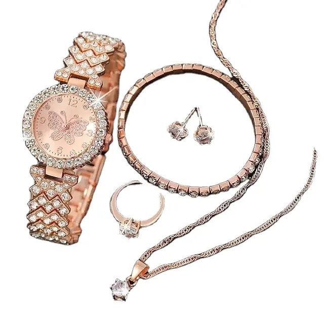 5PCS set New Diamond Watch Pulsera Cadena Mariposa Collar Set Bling Jewelry Sets para Wome Sin caja