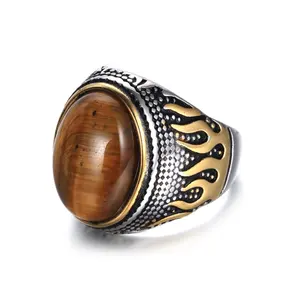 Fine jewelry natural gemstones purple shell tiger eye stone inlay fire stainless steel ring men jewelry wholesale