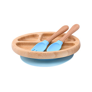Vente en gros d'usine de vaisselle en fibre de bambou pour bébé manche en bois fourchette cuillère en silicone ensemble de plaques d'aspiration pour enfants - Product Image 5