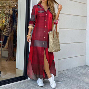 Đầm Sơ Mi Dài Tay Nữ Thời Trang Đầm Dài OL In Họa Tiết Mùa Thu Đầm Suông Rộng Cổ Bẻ Cho Nữ Đầm Dự Tiệc - Product Image 3