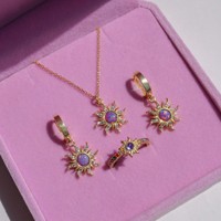 Parure de bijoux fantaisie en zircon, opale et diamant, collier pendentif soleil, boucles d'oreilles et bague pour femme