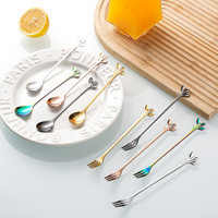 Cuillère à café en acier inoxydable avec manche en forme de feuille, fourchette à fruits, cuillère à thé or rose arc-en-ciel pour dessert, crème glacée, vaisselle de café