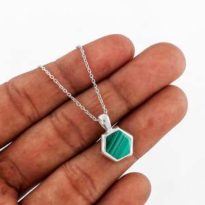 Natural Malachite Hexagon <b>Pendant</b> Necklace Sterling <b>Silver</b> Bezel Setting Women's Fashion Jewelry Gift - Product Image 5