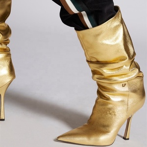Botas Elegantes de Mujer, Sexys, de Invierno, con Tacón Cuadrado Alto, Punta Puntiaguda y Pliegues, Botas Altas hasta la Mitad de la Pantorrilla, Zapatos de Vestir de Moda para Mujer - Product Image 6