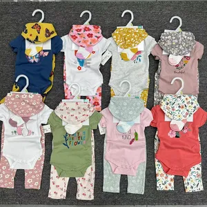 High Quality 100% Cotton Newborn Baby Kid Girls Short Sleeves Romper Bibs Cotton Socks Onesies Sets Clothes 4 In 1 Set