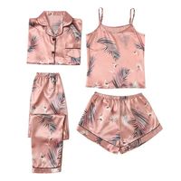 Set Piyama Sutra Satin Wanita 4Pcs Kancing Depan Set Piyama Lengan Pendek Baju Tidur Loungewear Pjs Baju Malam S-XXXL