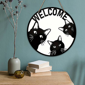 Letrero de madera de bienvenida con diseño de gato para sala de estar y dormitorio, decoración creativa para colgar en la pared, letrero de bienvenida de madera. - Product Image 1