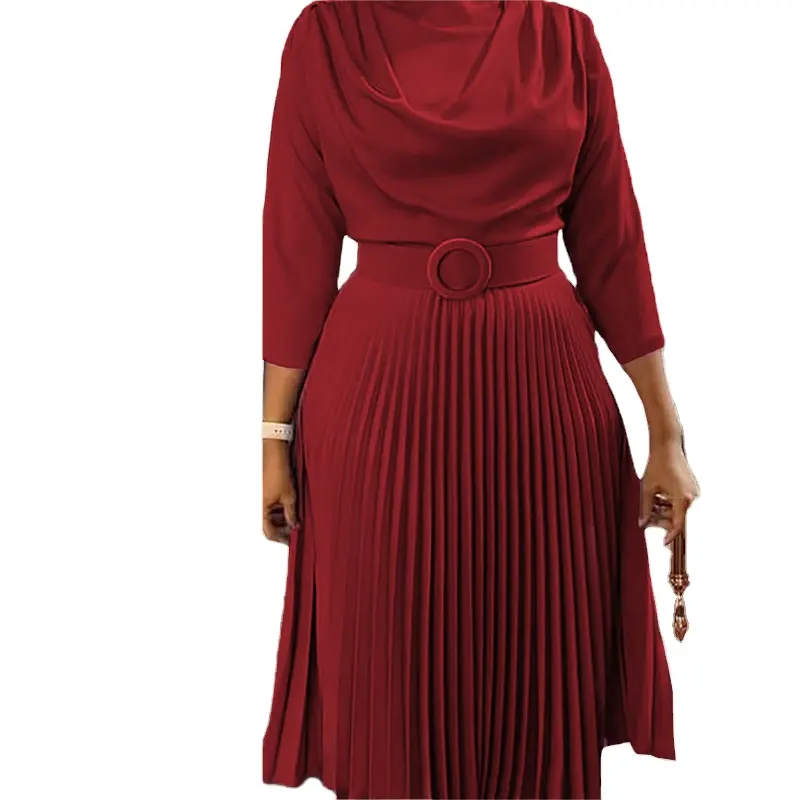 Boskims 2024 nouveau été femmes vêtements à manches longues col rond taille haute robe Maxi robe solide africaine grande taille 3XL ceinture naturelle