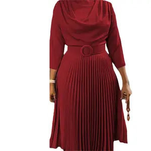 Boskims 2024 nuovi vestiti estivi da donna a maniche lunghe o collo alto abito Maxi abito solido africano Plus Size 3XL cintura naturale