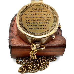 ALFA NAUTICAL Nautical Brass 2 Inch Portable Pocket <b>Compass</b> <b>Engraved</b> Proverbs 3:5-6 Leather Case Christian Inspirational Bible - Product Image 1
