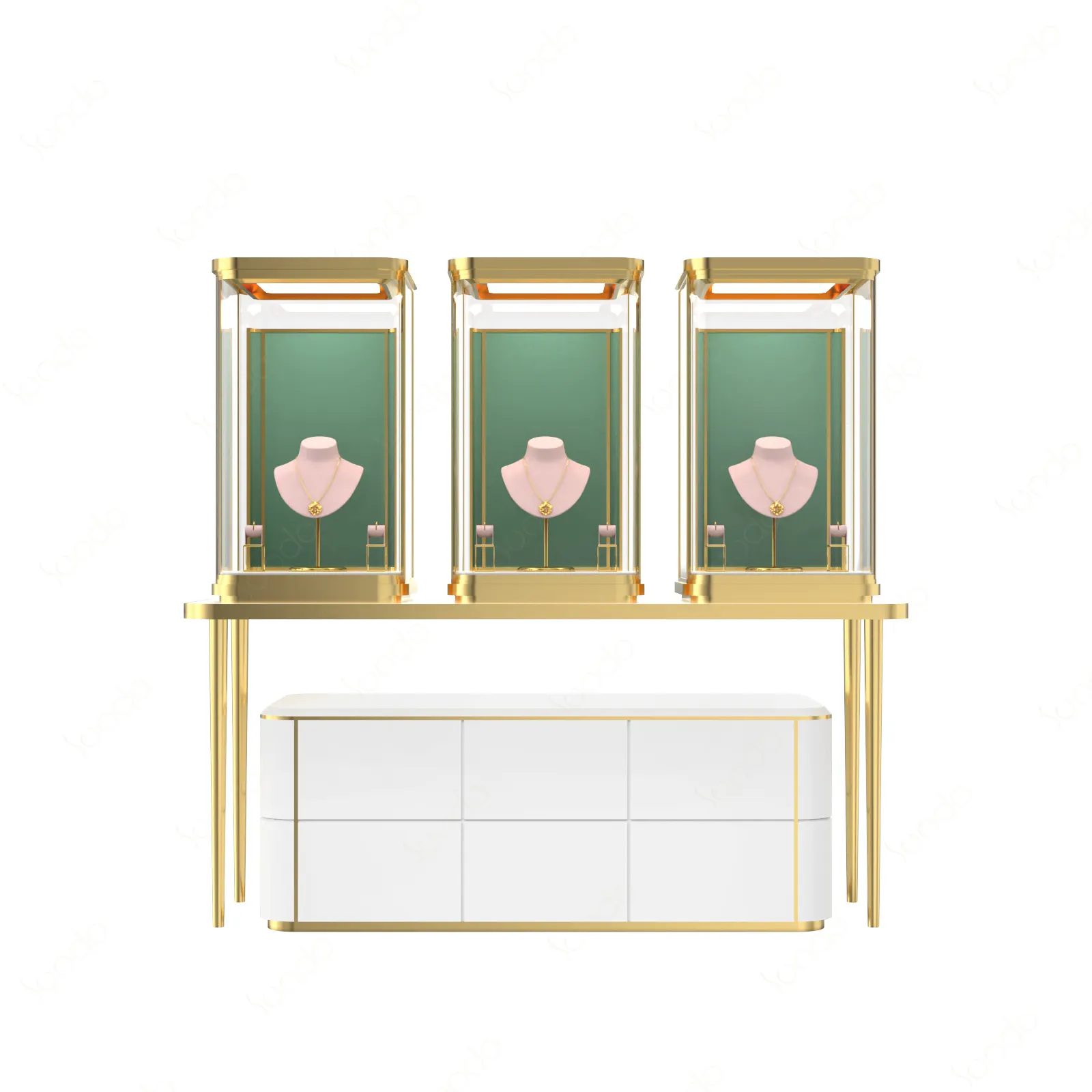 Vetrina di lusso vetrine in oro di fascia alta per gioielli da esposizione per interni Boutique vetrina Design con luci a led