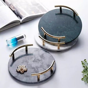 批发豪华现代圆形托盘25厘米直径，白色绿色灰色大理石，带金色手柄盘子和盘子 - Product Image 3