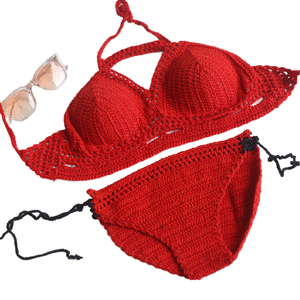 STOCK 8Colors Padding Crochet <b>Bikini</b> Tankinis One-piece <b>Set</b> Lace up Details Knit Brazilian Cheeky Swimwear - Product Image 1