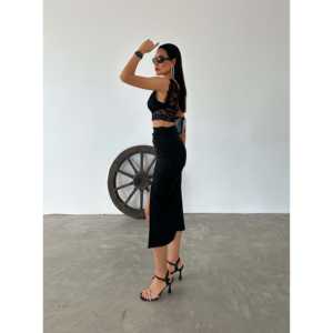 Jupe midi taille haute en tissu ottoman pour femme, coupe ajustée avec fente latérale - Product Image 3