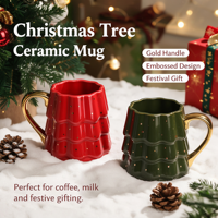 Tasse à café en céramique avec motif d'arbre de Noël en relief, tasses à eau pour couple avec poignée dorée, possibilité de personnaliser le logo, cadeau de Noël avec boîte cadeau