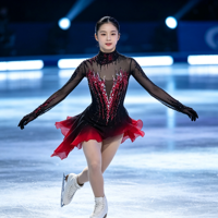 Robe de performance de patinage artistique à col roulé en maille à manches longues, dégradé noir et rouge, avec strass rouges et grand dos ouvert