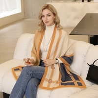 Écharpe-châle personnalisée en patchwork pied-de-poule, motif bleu, beige et marron, à franges, pour l'hiver, style vintage, imprimé à carreaux, vente en gros OEM