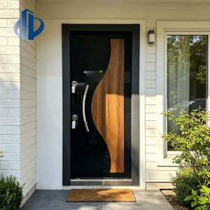 Porta d'Ingresso Moderna Curva in Acciaio e Legno Composito, Pannello Orizzontale con Venatura del Legno, Cancello di Sicurezza Antifurto in Acciaio, Maniglie per Porta - Product Image 3