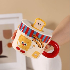 <b>Cute</b> Cartoon Ceramic <b>Mug</b> With Lid Toast Design Sandwich Cookies Pattern Red Handle Home Coffee Cup - Product Image 1