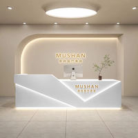 Meubles de salon de beauté au design moderne et créatif, comptoir de réception en bois beige avec éclairage LED, rangements et tiroirs