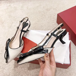 Top Quality Luxury Designer Shoes patent leather pointed color blocked <b>bow</b> women's <b>sandals</b> shallow mouth kitten heels mid air - Product Image 5
