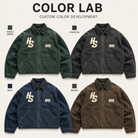 Veste Homme OEM ODM en Toile Lavée, Col Pointu, Fermeture Éclair Intégrale, Appliques, Poches Plaquées, Style Décontracté, Vêtement de Travail, Streetwear