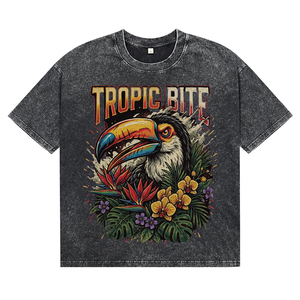 Camisetas de Hombre 100% Algodón, Estilo Vintage, Lavado Ácido, Estampado Gráfico de Aves Tropicales, Camisetas Extra Grandes con Estampado Floral Retro para Venta al Por Mayor - Product Image 1