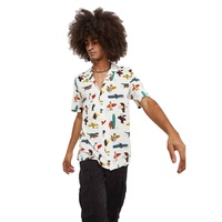Camisa Hawaiana Casual Blanca para Hombre con Estampado de Animales y Palas de Surf, Transpirable, para Verano