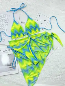 Maillot de bain 2023 maillots de bain femmes Bikini brésilien et jupe en maille rayure trois pièces Bikini ensemble Micro Mini Bikini